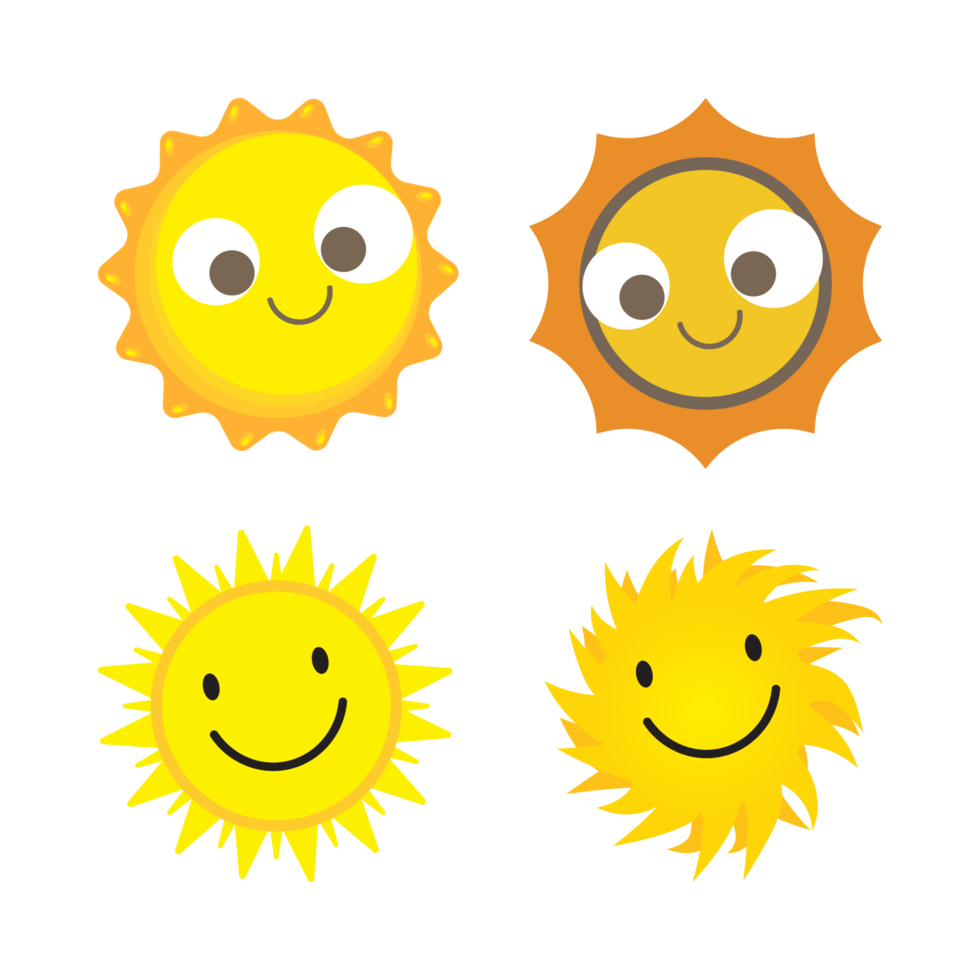 Sun sticker with a round shape and yellow color. Cute sun with smiling face and beautiful eyes. Sunray coming out from sun vector design. Sun vector social media sticker collection. png