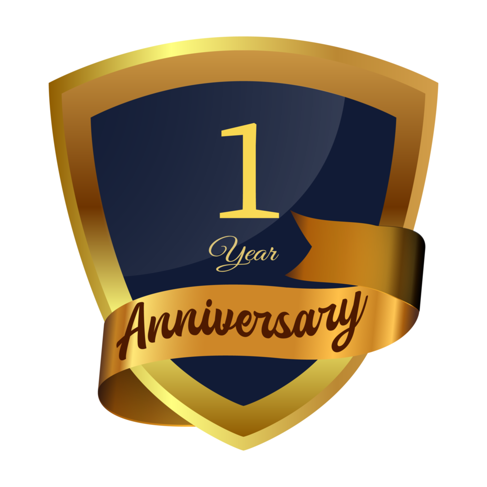 Ten years anniversary badge design with golden gradient color. Anniversary royal badge design with a shield shape and stars. Golden and Black badge design with ribbon vector illustration. png