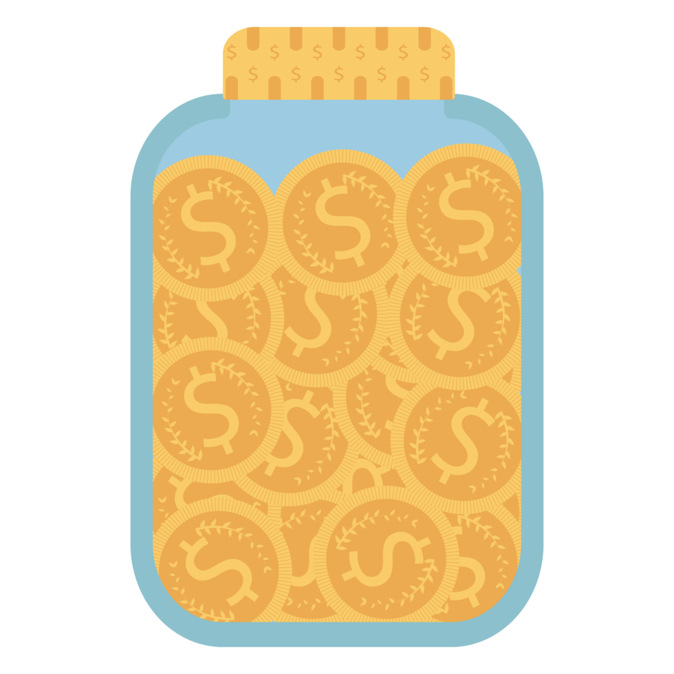 Golden coins falling into a jar design. Saving money concept vector illustration. Charity donation vector design with a jar and lots of gold coins. Save money and growing of finance design. png