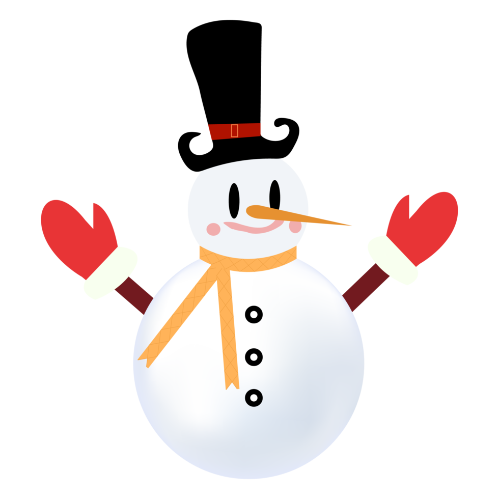 A winter snowman with neck muffler, carrot nose, tree branch, buttons, and hat. Cute snowman vector design on a blue background. Christmas design with a happy snowman. png