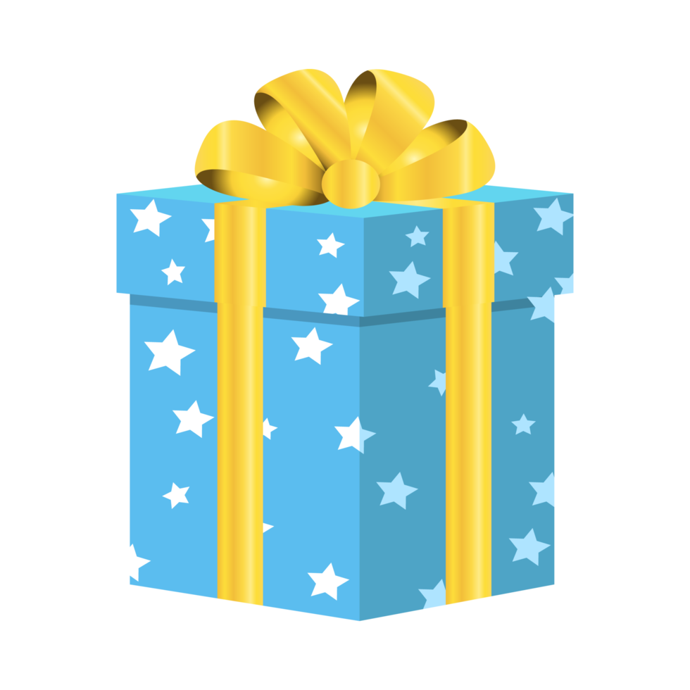 julklapp vektor design på en vit bakgrund. rund presentförpackning med ljusblå färg varppapper med vita stjärnor och gyllene färgband. presentdesign för födelsedagar eller julevenemang. png