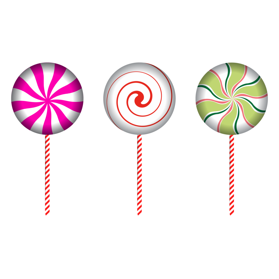 Christmas round candy with red, off-white, pink, and white color strips. Round candy design on a pink background. Set of three Christmas candies. Christmas candy vector design collection for kids. png
