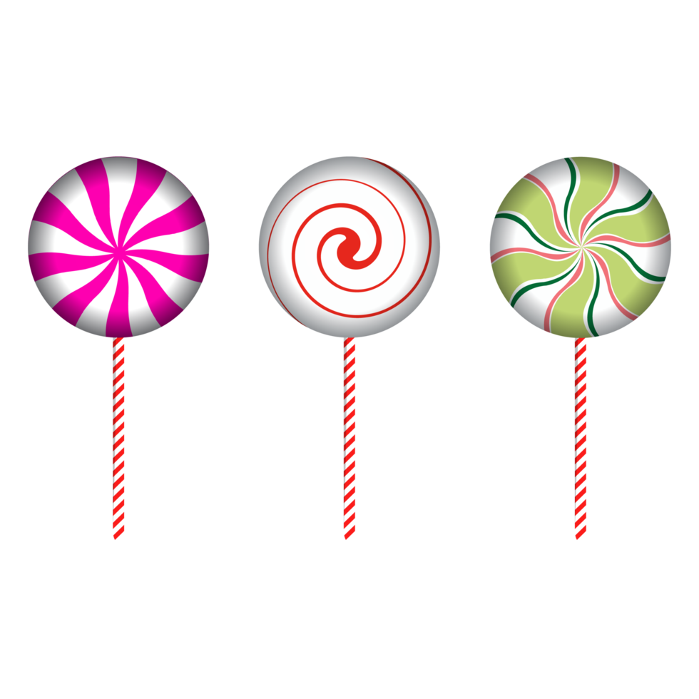 caramelo redondo de navidad con tiras de color rojo, blanco roto, rosa y blanco. diseño de dulces redondos sobre un fondo rosa. conjunto de tres dulces navideños. colección de diseño de vectores de dulces navideños para niños. png