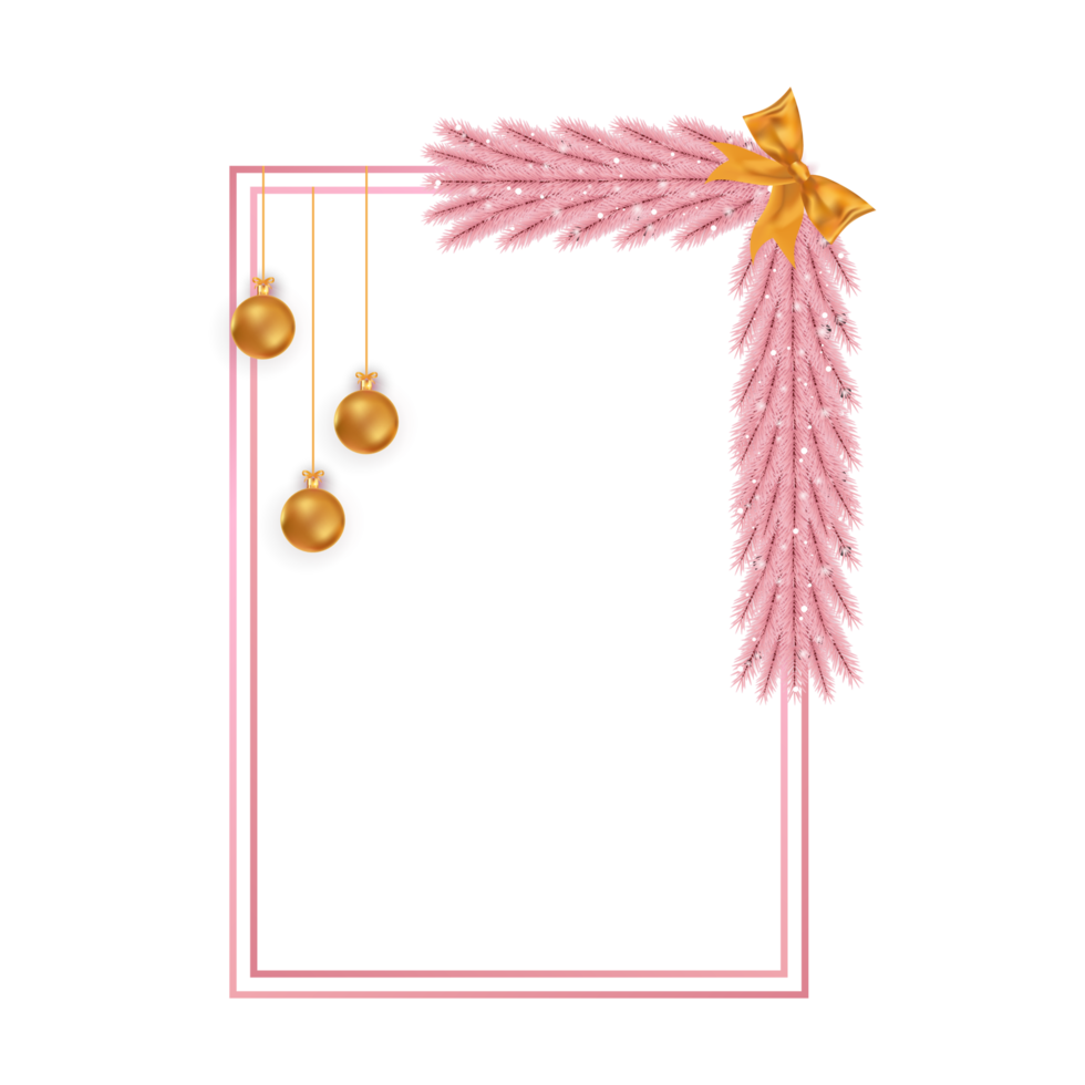 cadre girly de noël avec des feuilles de pin rose, des flocons de neige, une boule dorée. cadre rose de Noël avec ruban. joyeux noël éléments de décoration rose avec un ruban doré et des boules dorées. éléments de Noël. png