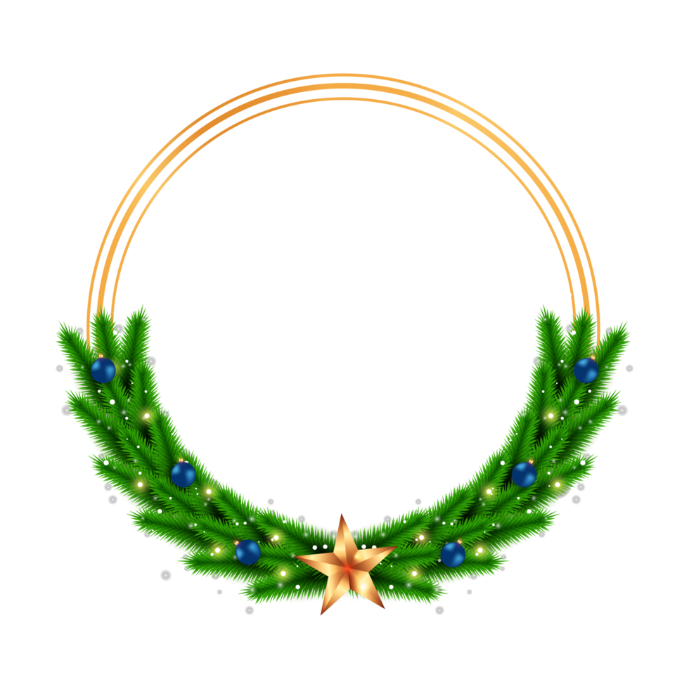 cadre de noël avec boule de décoration bleue et lumières étoiles. cadre de noël avec des branches de pin vert. boule de noël, cadre de noël, cadre rond, feuilles de pin vert, flocons de neige, boule bleue, étoile dorée. png