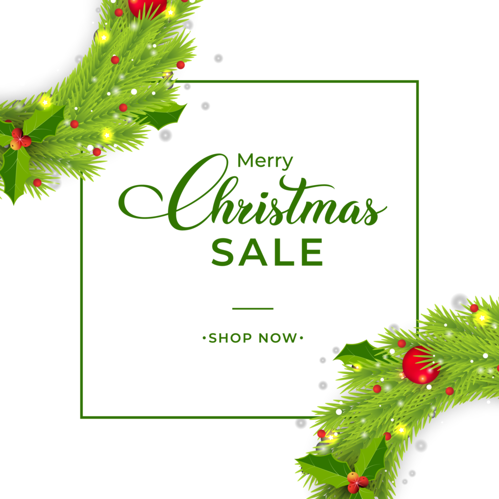 Christmas sales banner with green wreaths and red berries. Xmas sales banner on a golden background. Merry Christmas banner with red decoration balls and glowing snowflakes. Christmas elements. png