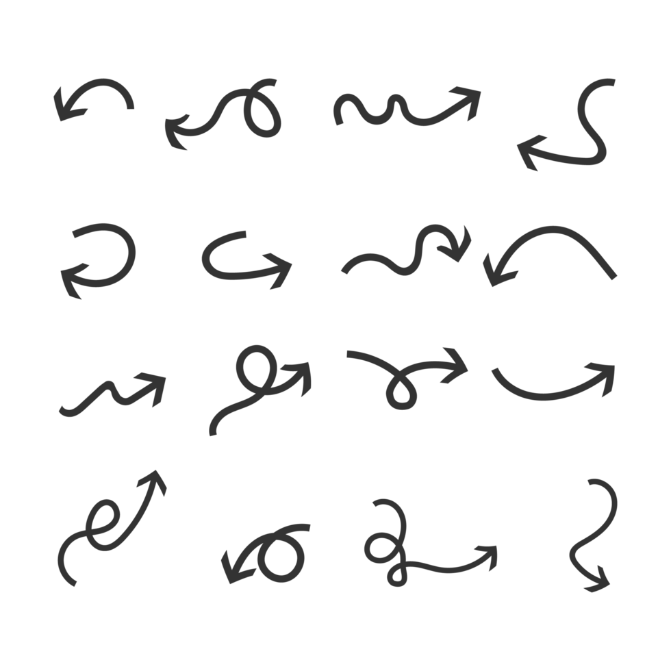 collezione di frecce disegnate a mano png. set di frecce nere. frecce curve doodle stile illustrazione vettoriale. illustrazione vettoriale delle icone della freccia curva. stile scarabocchio. raccolta di indicazioni. png