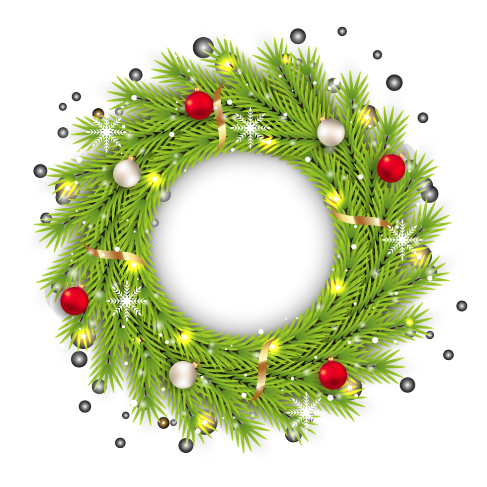 Christmas door decoration elements with a luxurious green wreath with the red and white color ball. 3D wreath design with snowflake and ribbon. Realistic 3D wreath design with calligraphy. png