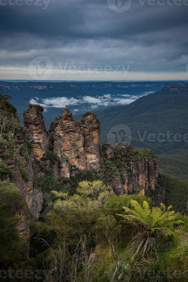 Dramatic view of Three sister rocks the spectacular landscape of Blue mountains, New South Wales state of Australia. photo