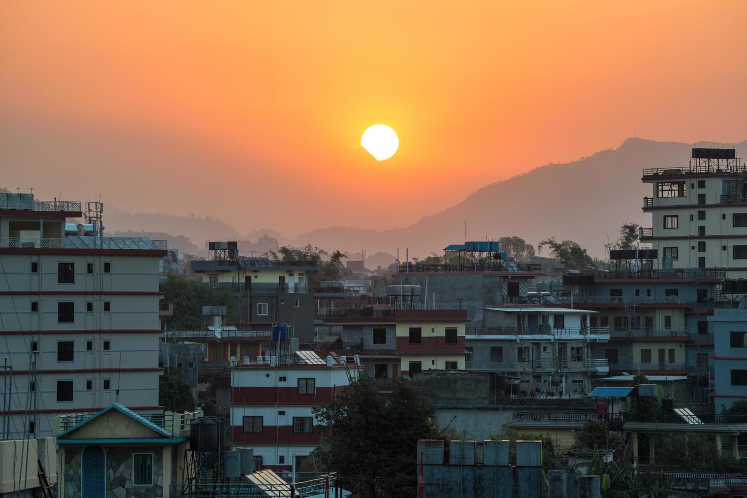 Beautiful sunrise over Pokhara the second largest city in Nepal. photo