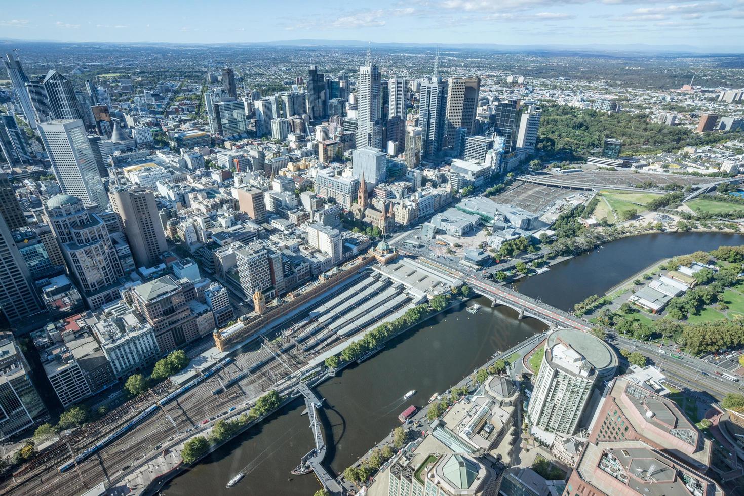 MELBOURNE, AUSTRALIA - FEBRUARY 20 2016 - Melbourne CBD aerial view from Eureka building the highest building in Melbourne city, Australia. photo