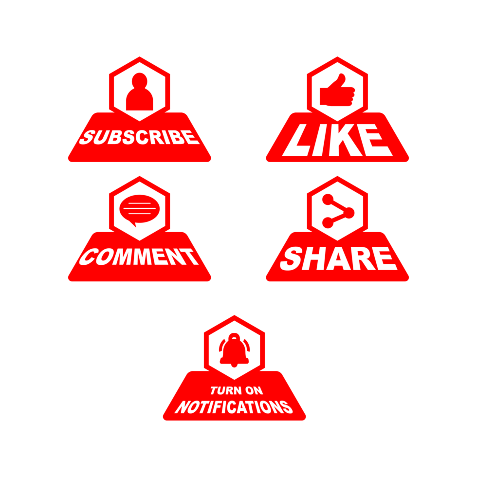 Subscribe button collection with the like, share, and comment section. Red color button collection for social media posts. Metallic red color design for social media. png