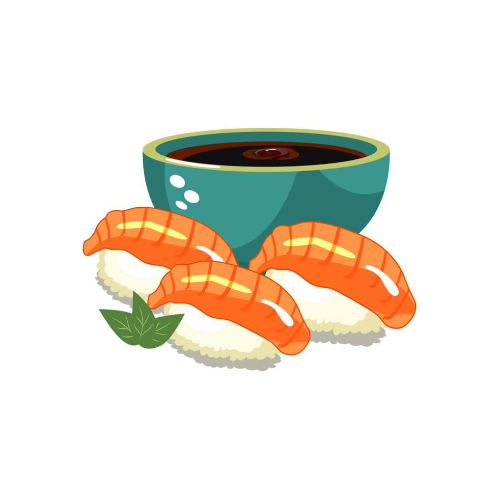 sushi de salmón con salsa de soja y gambas en un bol de fondo blanco. espacio de copia de la vista superior. camarones y sushi servidos con salsa de soya. palillos con vector de comida asiática. png