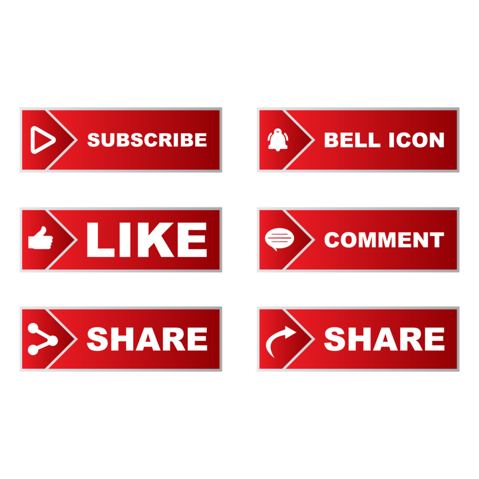 Subscribe button stylish collection with multiple shapes. Red color button collection with like, comment, and share icon. Metallic red color social media button collection. png