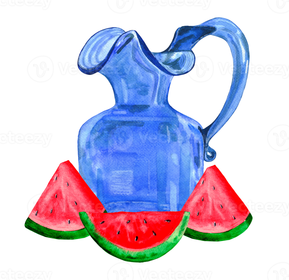 Watercolor unusual vintage blue glass pitcher or jug with watermelon slices png