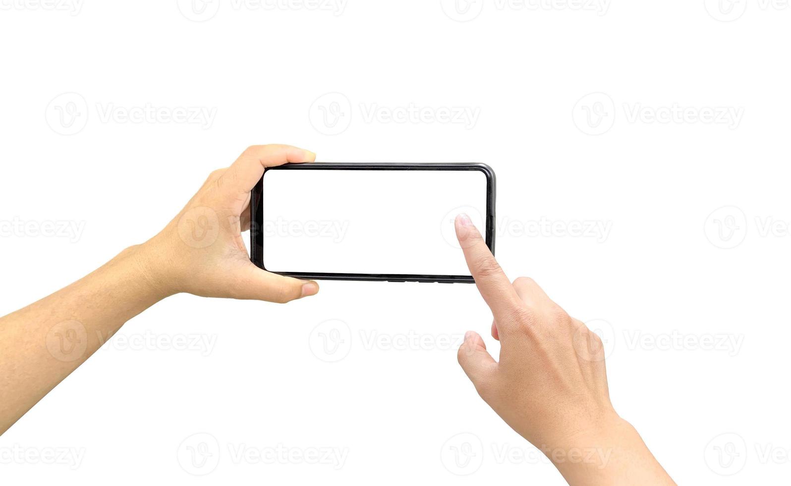 Hand business woman holding mobile smartphone with blank screen isolated on white background with clipping path. photo