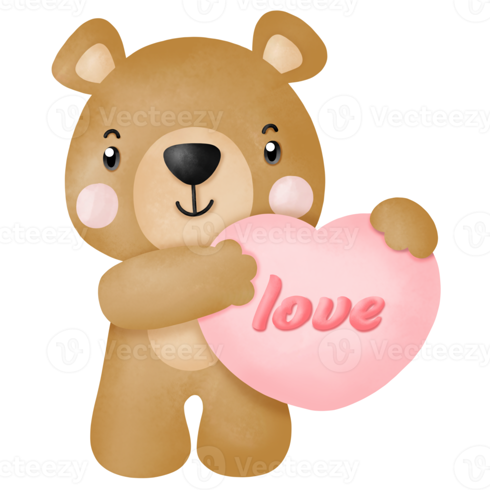 Watercolor cute teddy bear love set valentines day with elements png