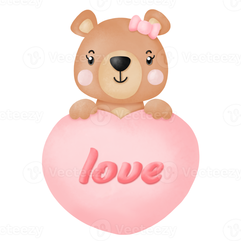 Watercolor cute teddy bear love set valentines day with elements png