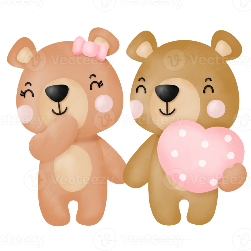 Watercolor cute teddy bear love set valentines day with elements png