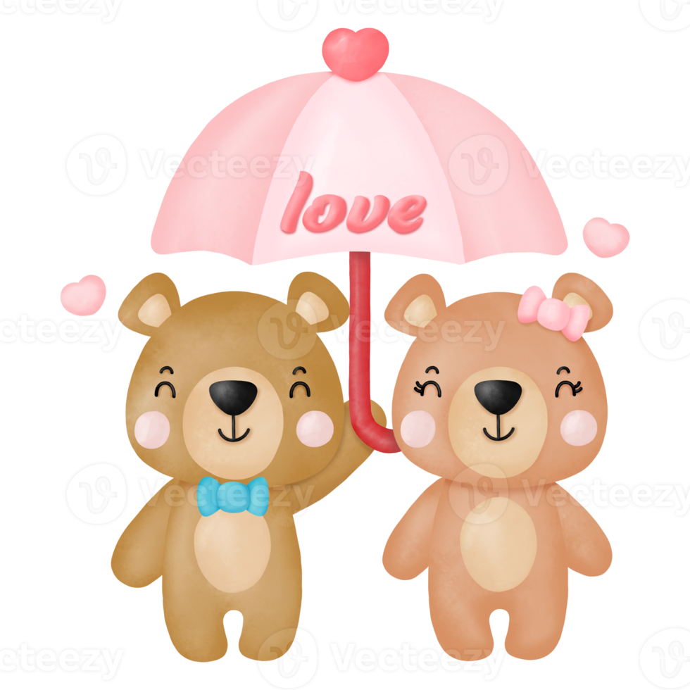 Watercolor cute teddy bear love set valentines day with elements png