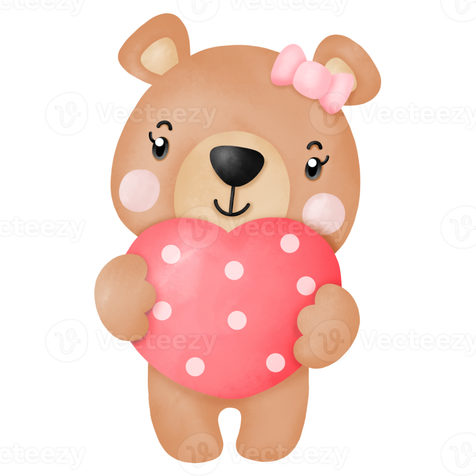 Watercolor cute teddy bear love set valentines day with elements png