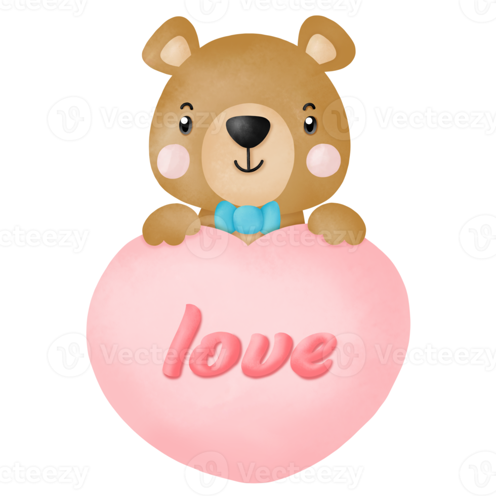 Watercolor cute teddy bear love set valentines day with elements png