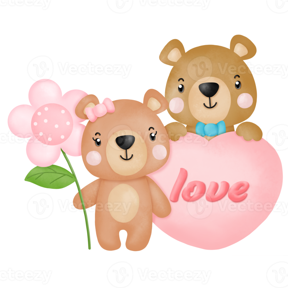 Watercolor cute teddy bear love set valentines day with elements png