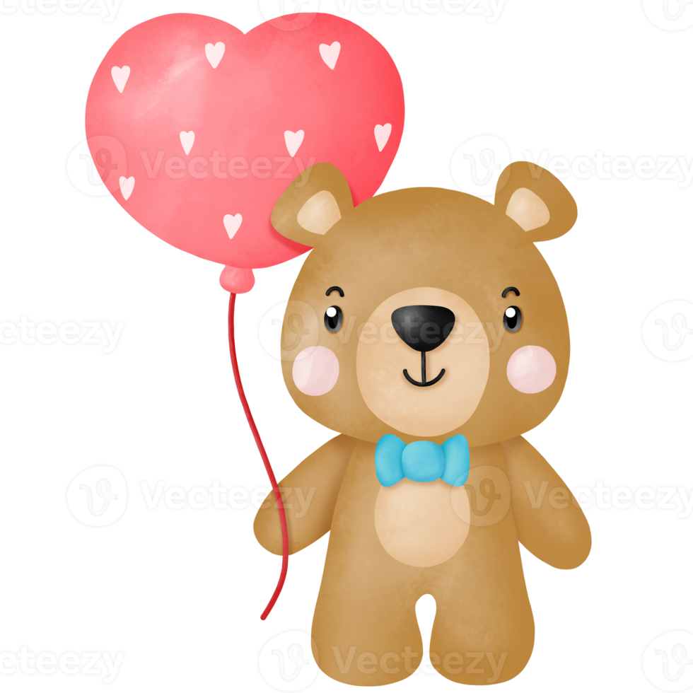 Watercolor cute teddy bear love set valentines day with elements png