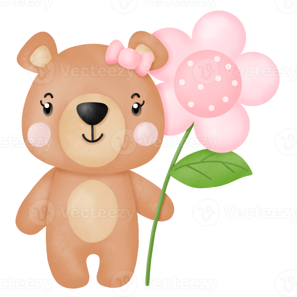 Watercolor cute teddy bear love set valentines day with elements png