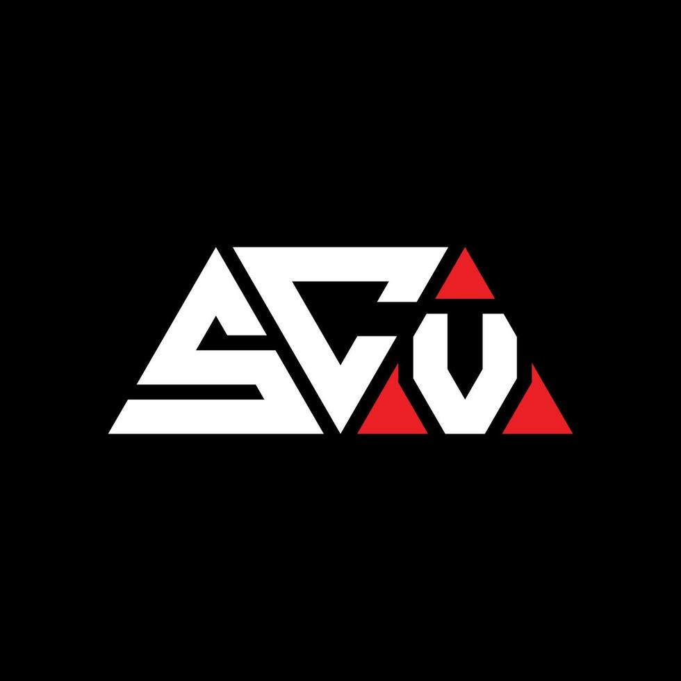 SCV triangle letter logo design with triangle shape. SCV triangle logo design monogram. SCV triangle vector logo template with red color. SCV triangular logo Simple, Elegant, and Luxurious Logo. SCV