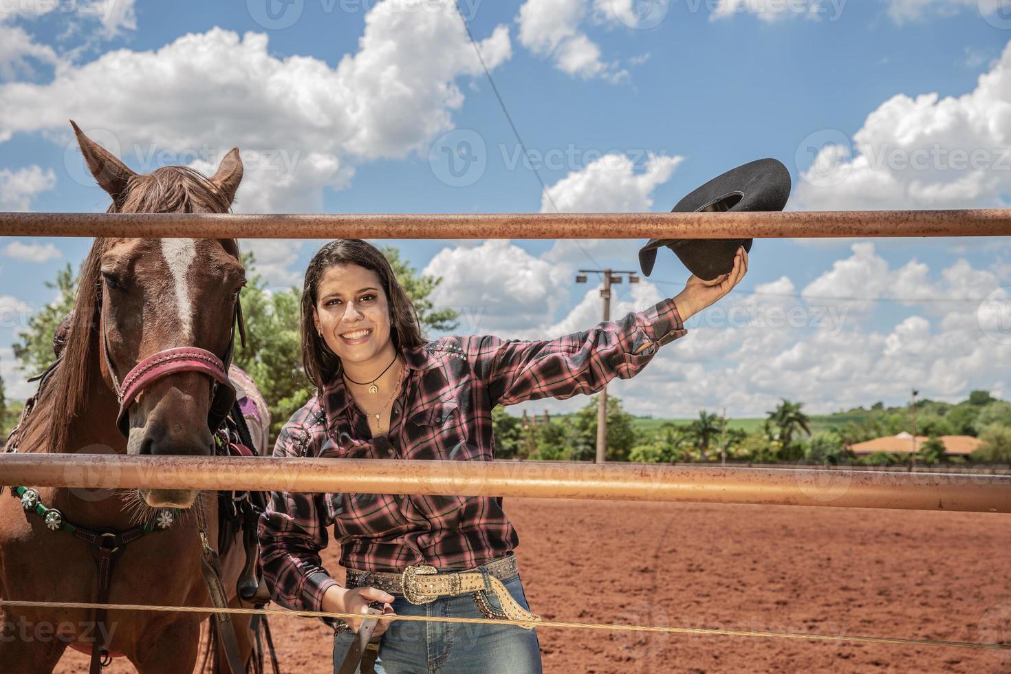 portrait beautiful woman long hair next horse photo