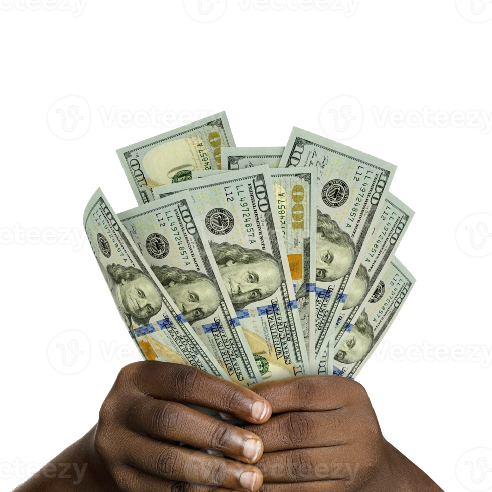 Black hands holding 3D rendered 100 us dollar notes. closeup of Hands holding dollar bills png