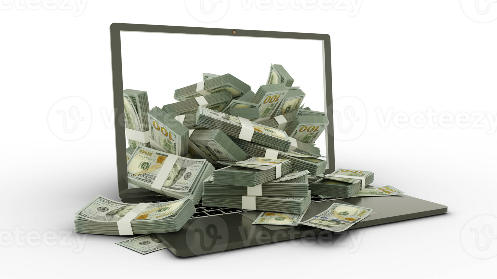 3D-weergave van 100 Amerikaanse dollarbiljetten die uit een laptopmonitor komen die op transparante achtergrond wordt geïsoleerd. stapels dollarbiljetten in een laptop. geld van computer, geld van laptop png