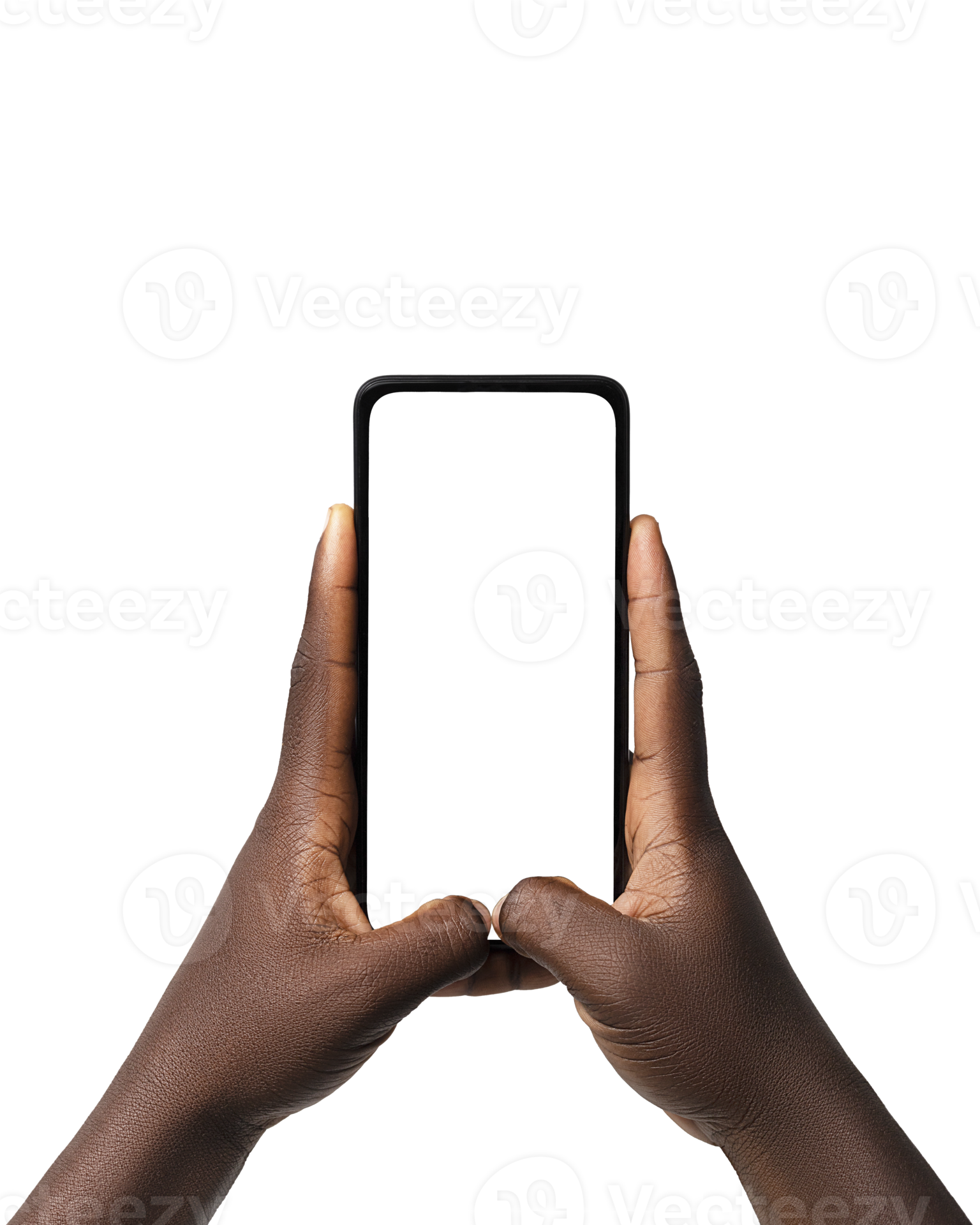 Black hands holding phone facing camera isolated on transparent background. blank screen, phone