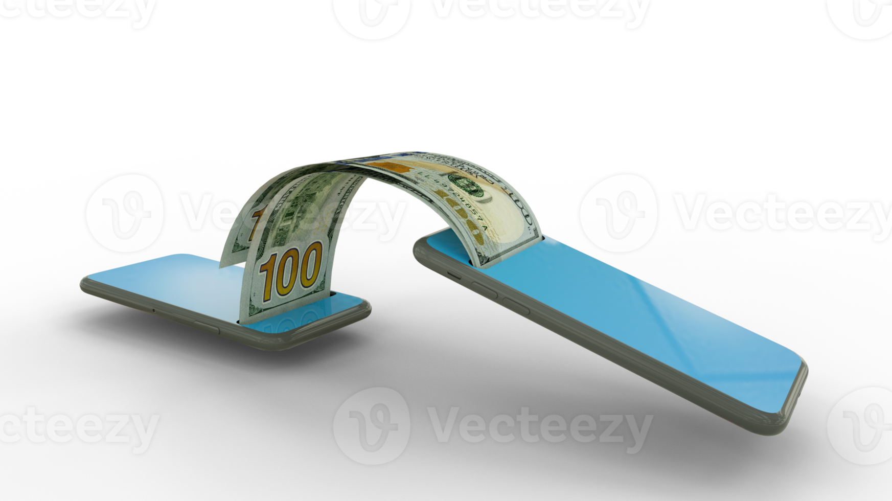 3D rendering of 100 US dollars notes transferring from one phone to another. mobile money transaction concept. money coming out of mobile phone png