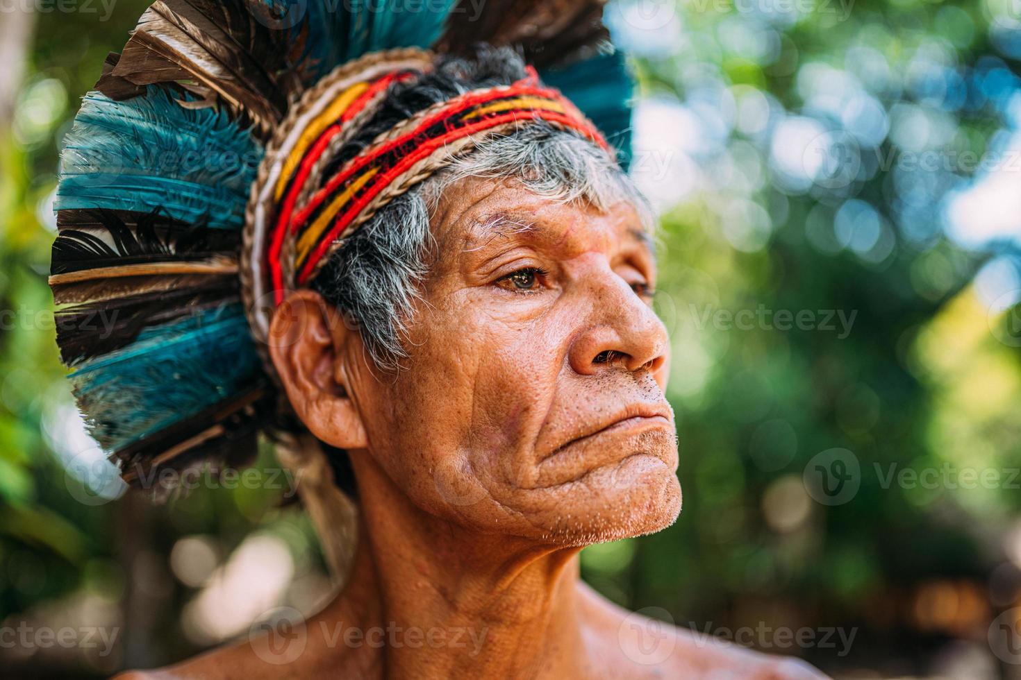 Indian from the Pataxo tribe, with feather headdress. Elderly Brazilian Indian looking to the right. focus on face photo