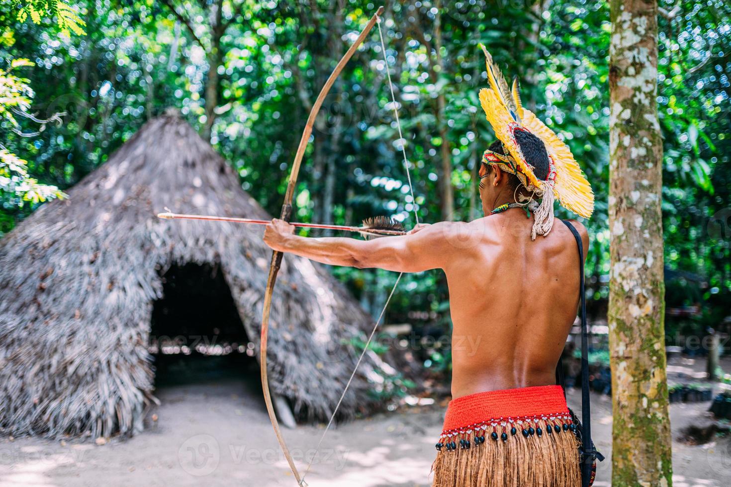 Indian from the Pataxo tribe using a bow and arrow. Brazilian Indian with feather headdress and necklace photo