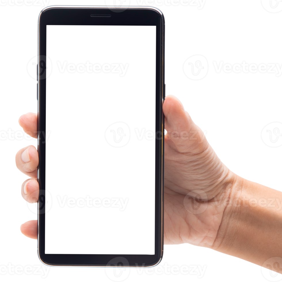 mano che tiene e utilizza il ritaglio del modello del telefono, file png