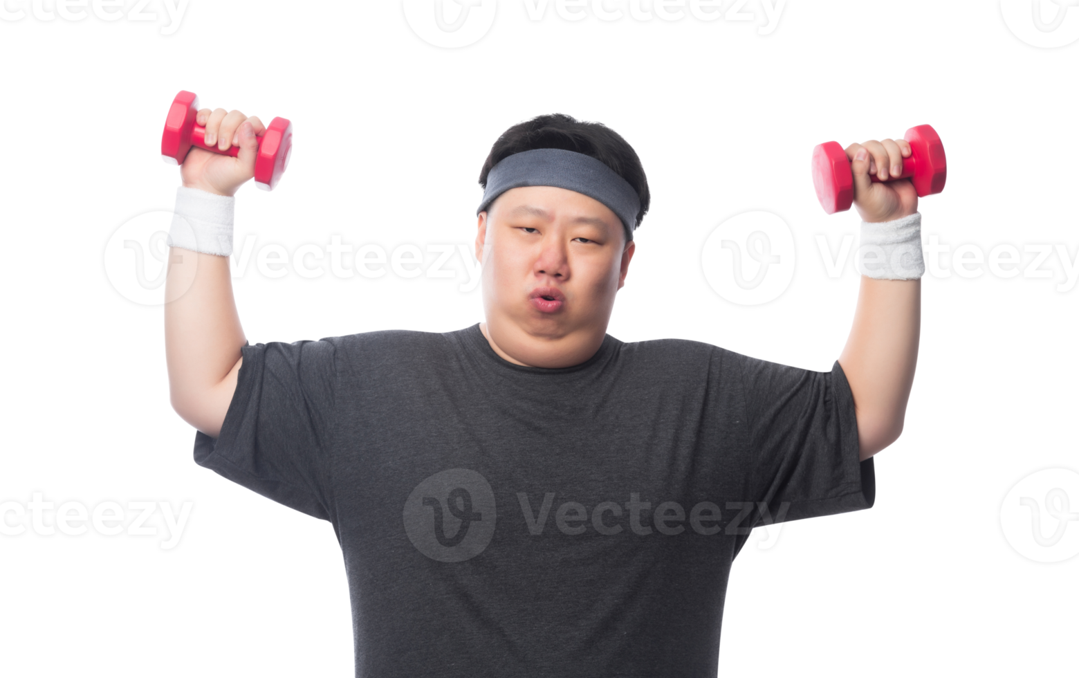Young Asian fat man is exercising with his dumbbell, Png file