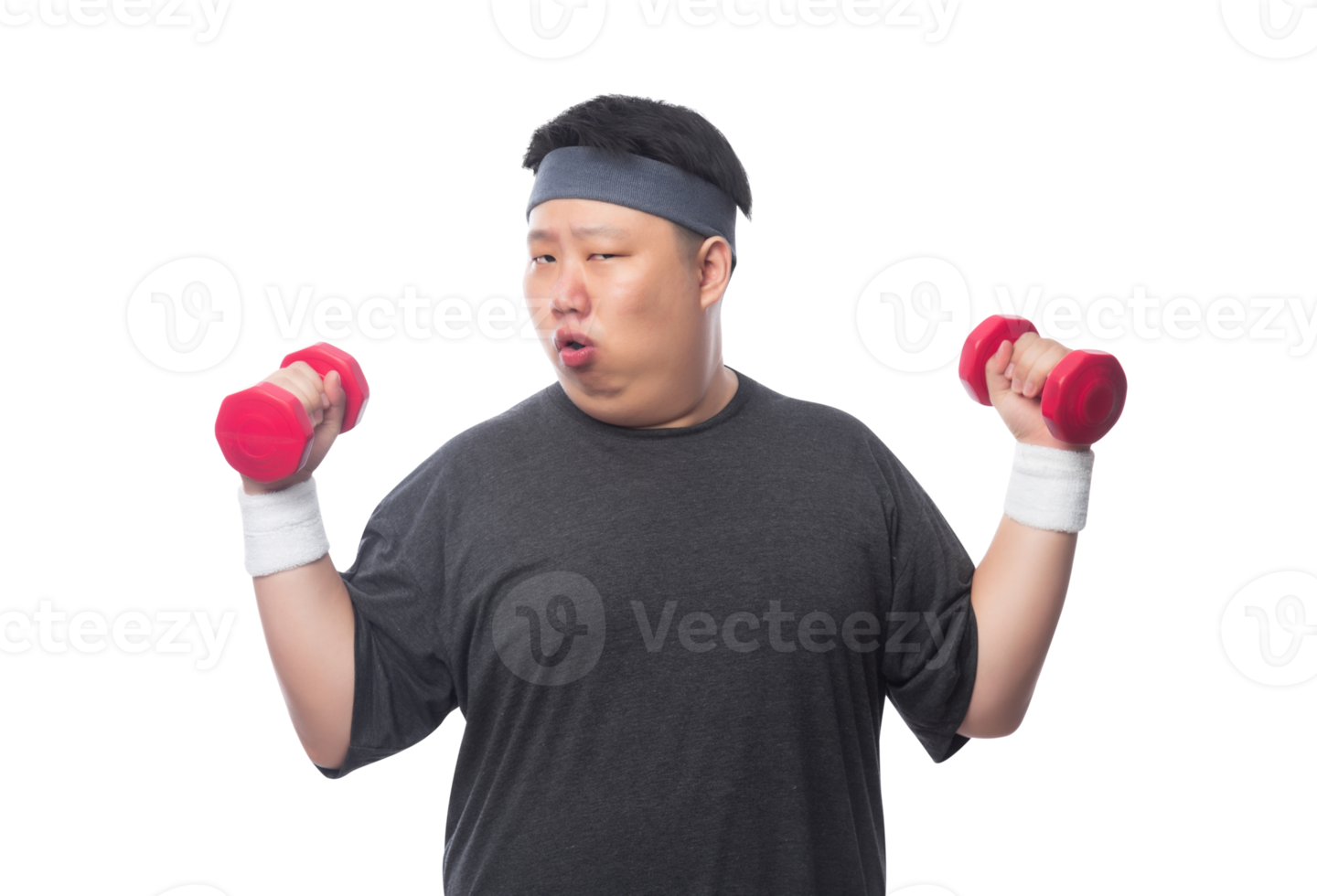 Young Asian fat man is exercising with his dumbbell, Png file