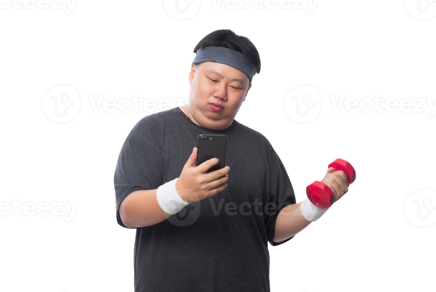 Young Asian fat sport man using smartphone, Png file