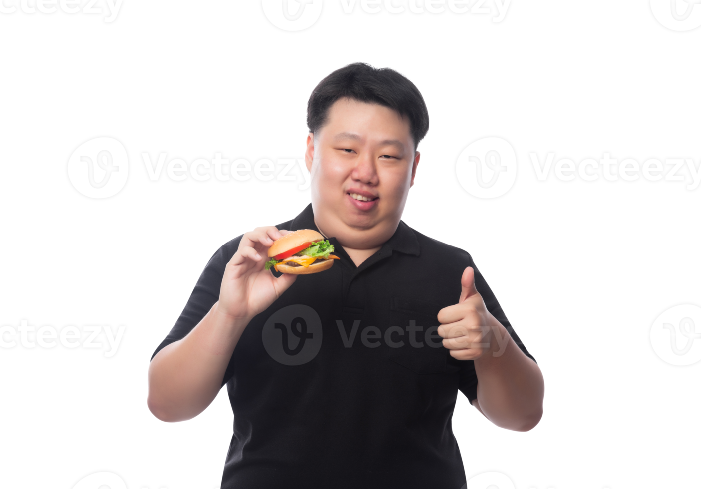 jonge grappige dikke Aziatische man met hamburger, png-bestand png