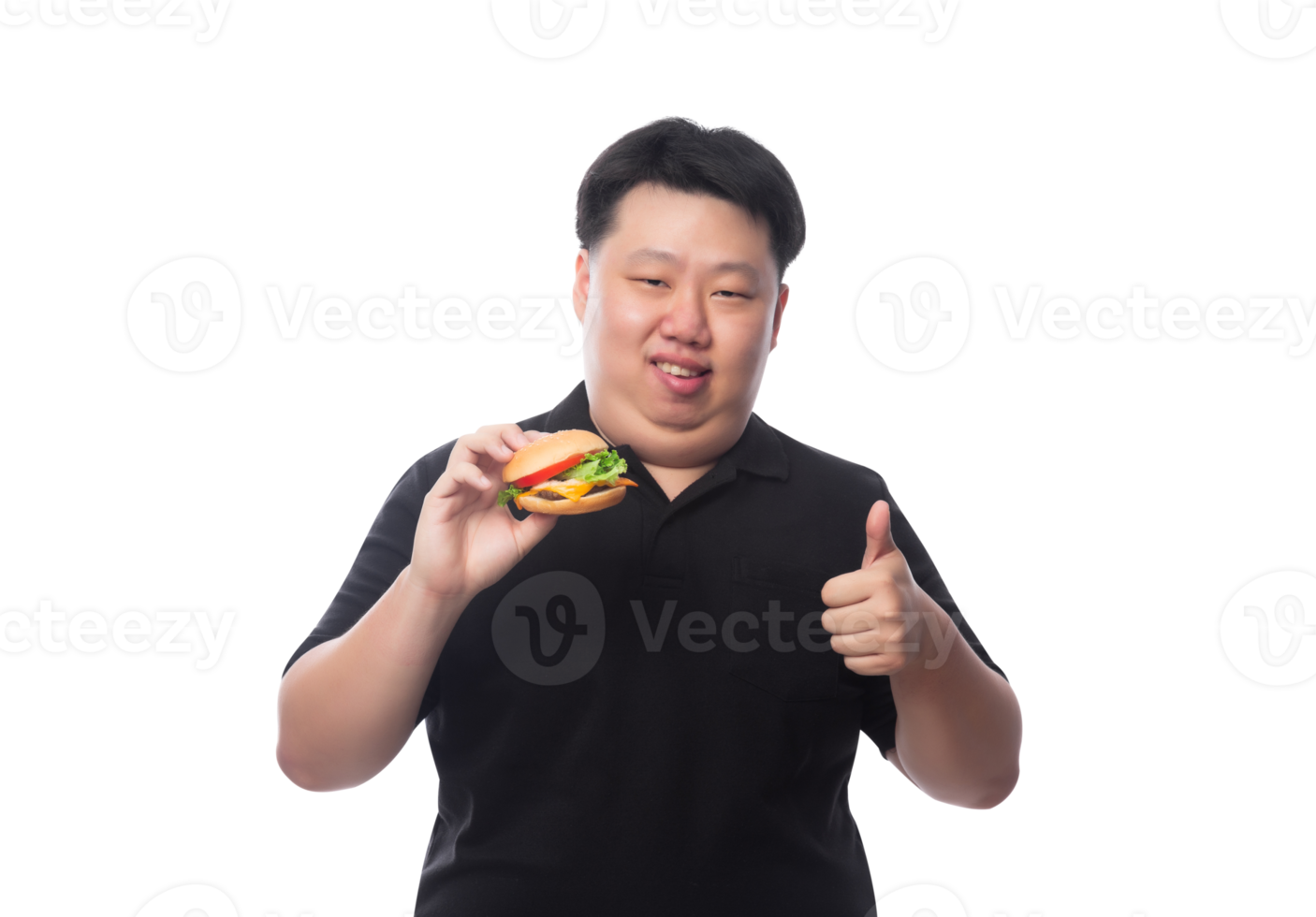 Young Funny Fat Asian man with hamburger, Png file