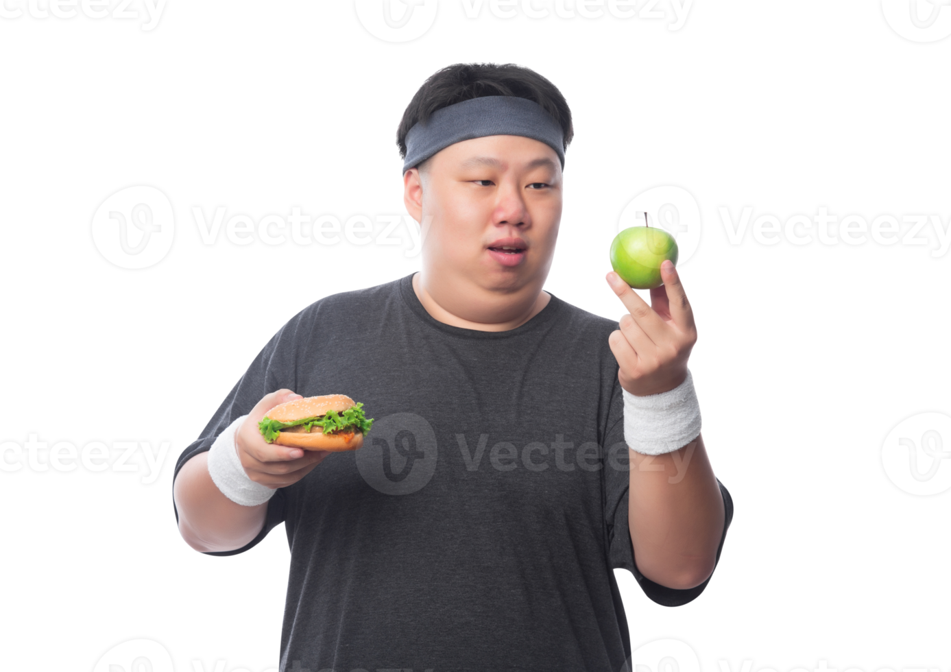 giovane uomo sportivo grasso divertente asiatico che tiene hamburger e mela verde, file png