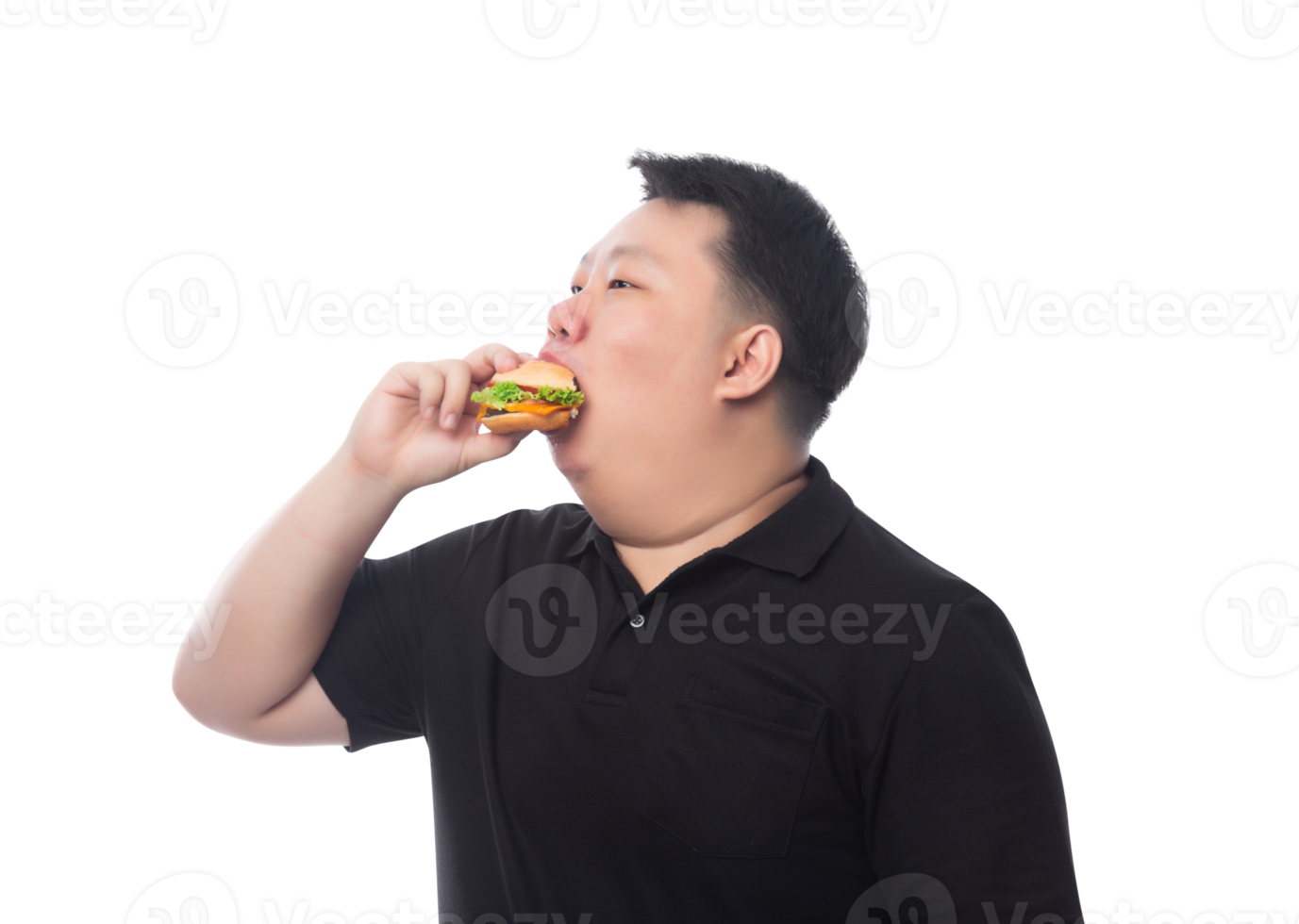 joven asiático gordo divertido con hamburguesa, archivo png
