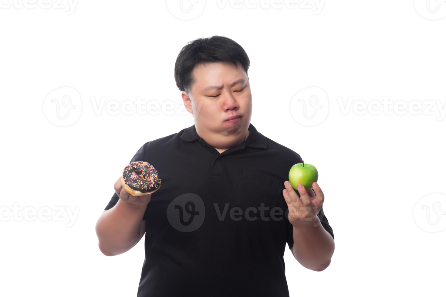 Young Funny Fat Asian man with donuts, Png file