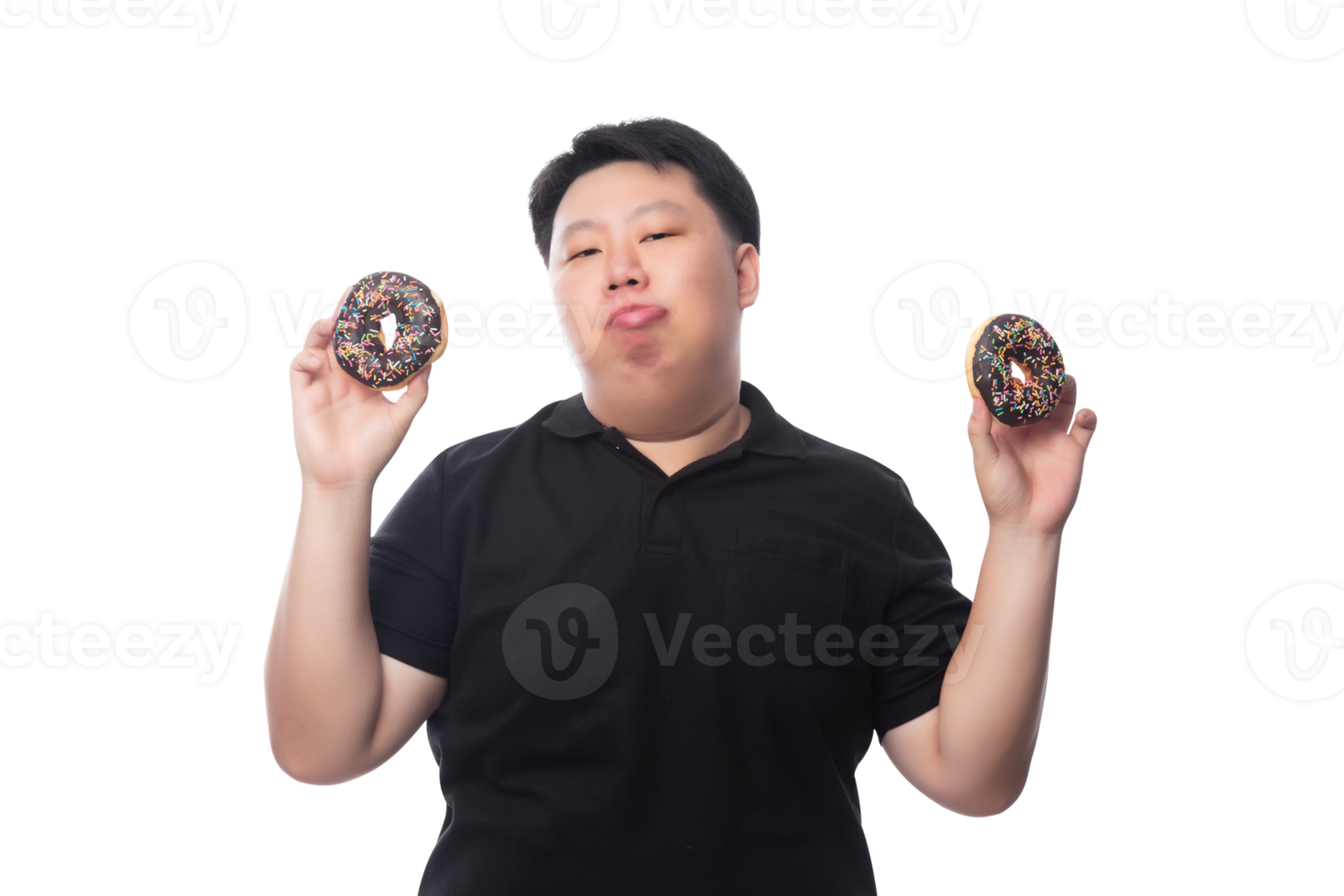 Young Funny Fat Asian man with donuts, Png file