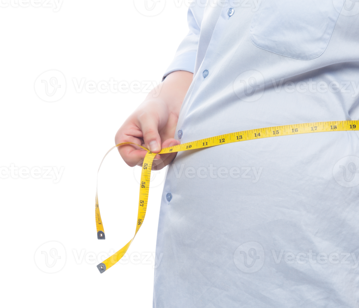 homem gordo segurando uma fita métrica para verificar seu corpo, arquivo png