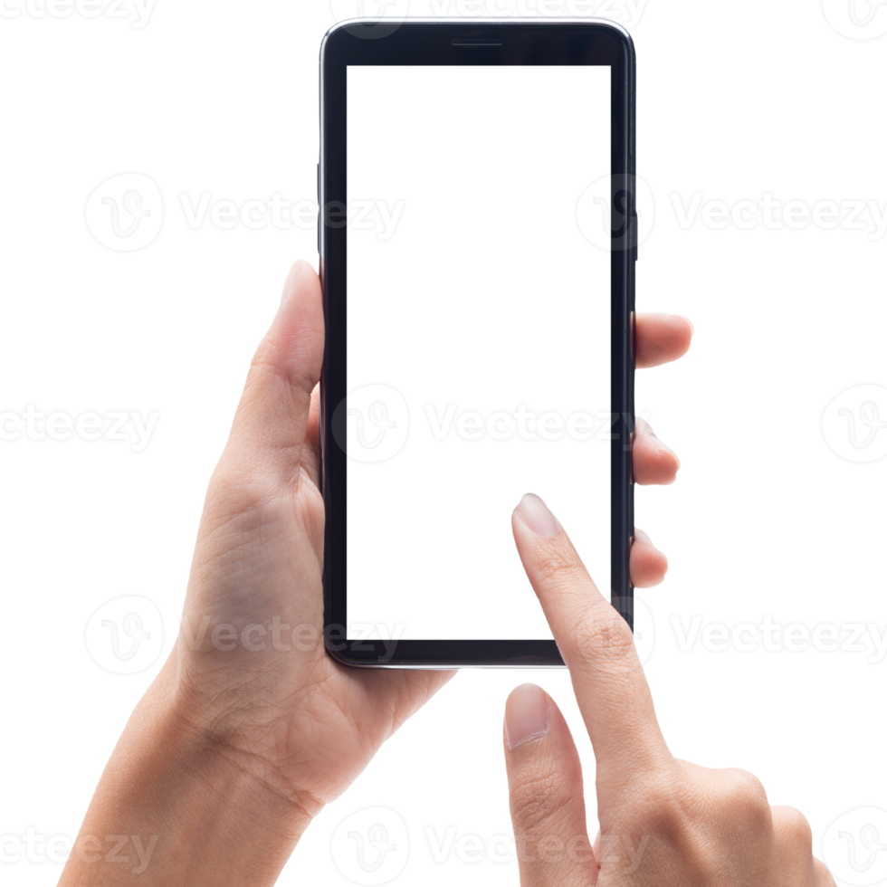 Hand holding and using phone mockup cutout, Png file