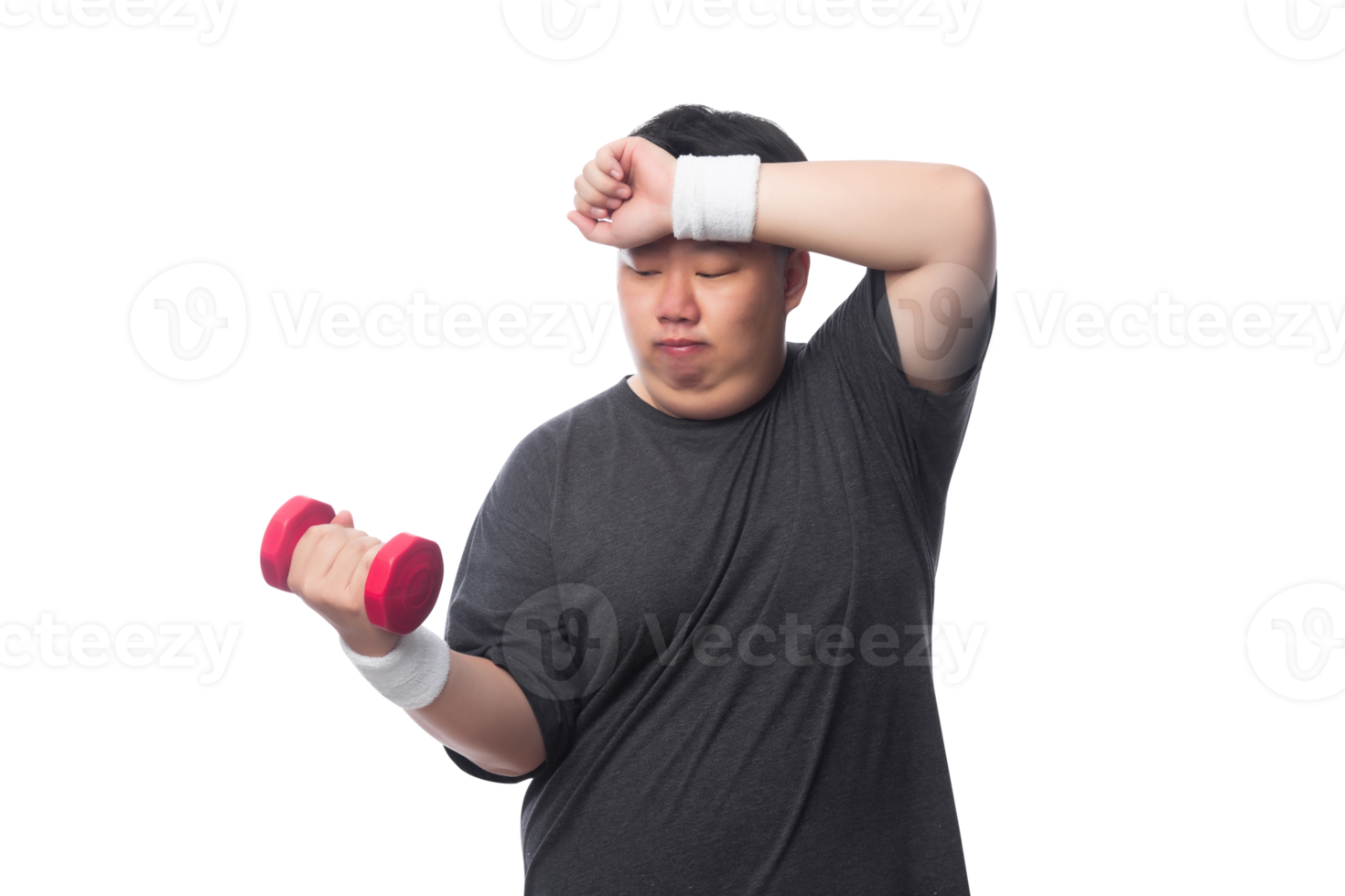 Young Asian fat man is exercising with his dumbbell, Png file